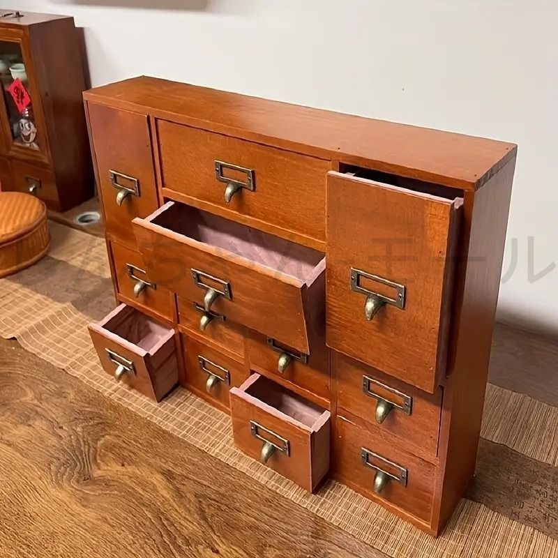 棚 ミニチェスト 収納 木製 ヴィンテージ 和風 引き出し 取っ手 小物入れ 文具 ジュエリー 卓上 デスクトップオーガナイザー アンティーク NEXPOTALLINN_EU