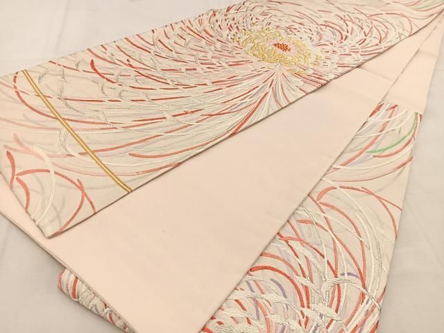 5k2057 袋帯　唐織　乱菊　橙色　金色　銀色　白　花柄　和装　着物 楽天市場】袋帯 正絹 西陣織 洛陽織物 唐織 一品 店主厳選 白地