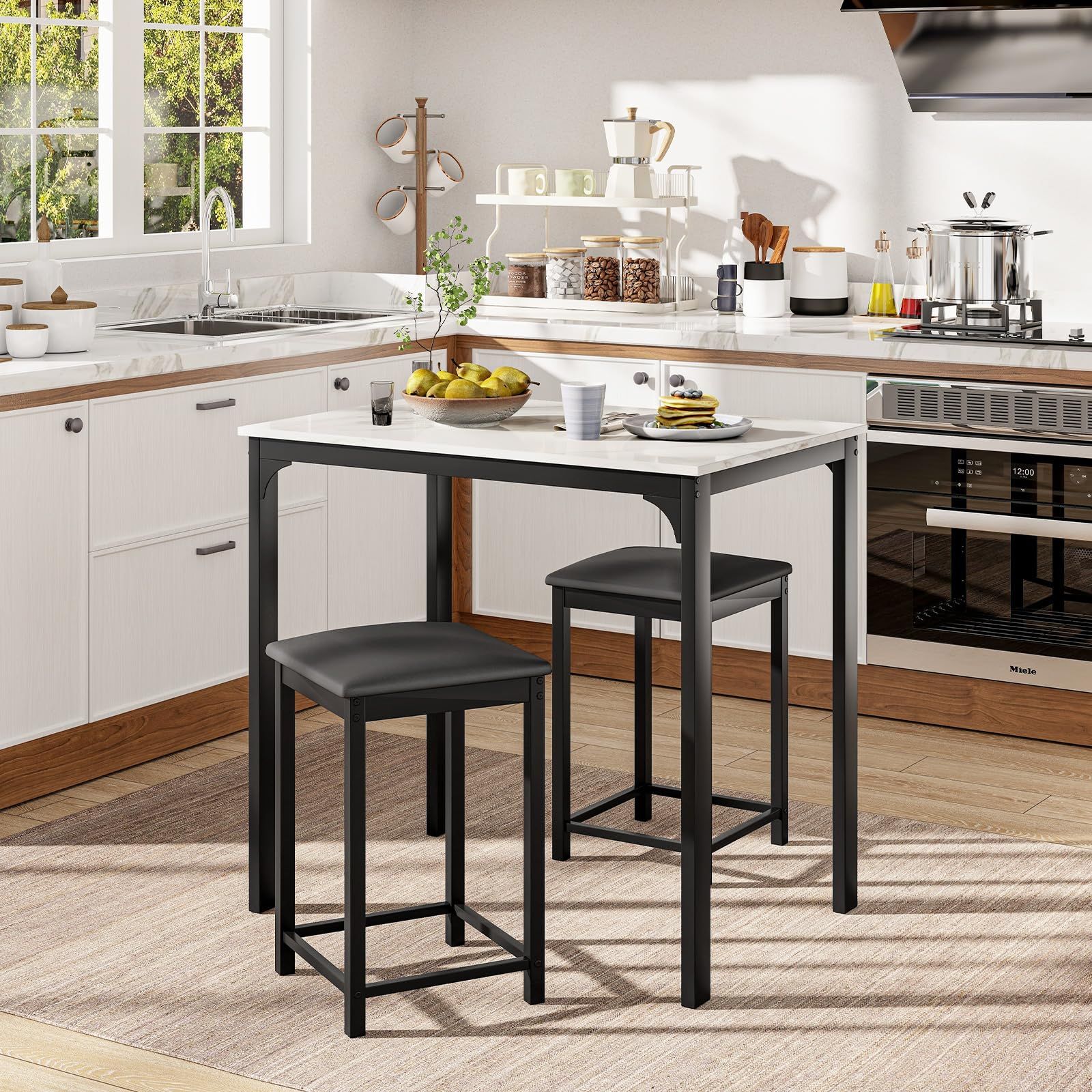 新品 GYMAX ダイニングテーブルセット 2人 幅90cm ダイニングテーブル 3点セット 食卓 カウンターテーブル チェア 2脚 キッチン 組立品 コンパクト おしゃれ モダン スタイリッシュ 新生活 (ホワイト)