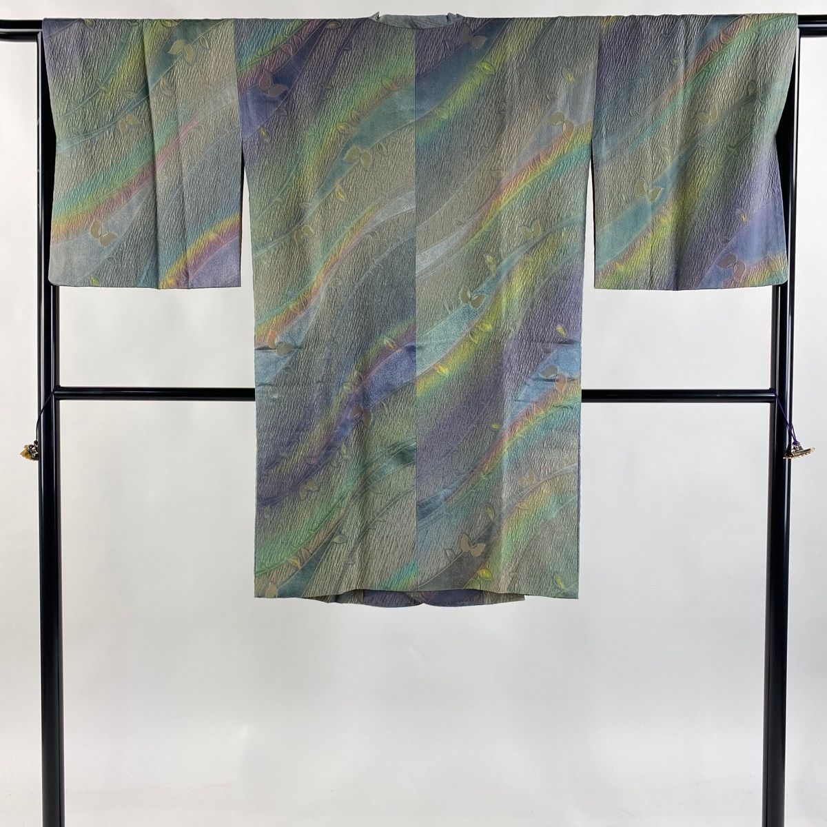 道行 身丈102cm 裄丈66cm M 和装コート 角衿 落款 葉 幾何学 ぼかし 緑 正絹 秀品