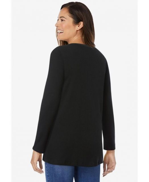 送料無料 ウーマン ウィズイン レディース シャツ トップス Plus Size Within Embroidered Thermal Henley Tee Black vine embroidery