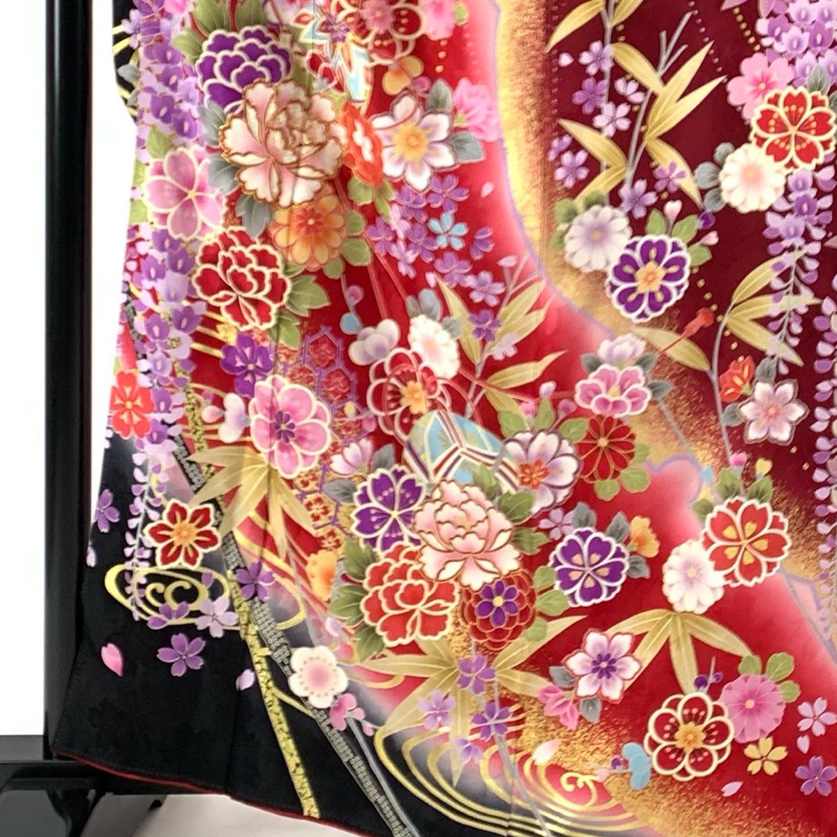 振袖 身丈162.5cm 裄丈64cm M 袷 手鞠 牡丹 箔 金彩 赤 正絹