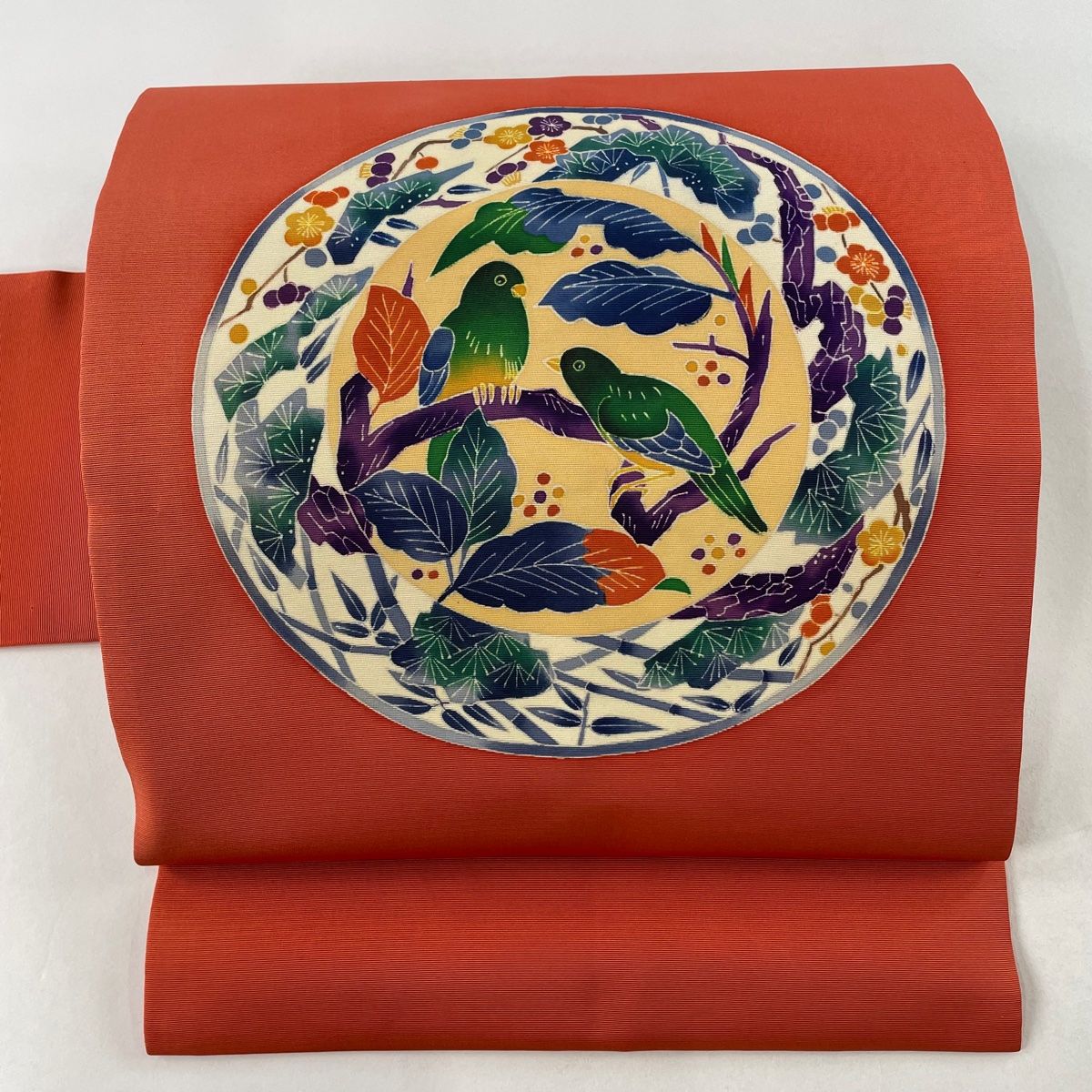 美品 名古屋帯 薄いサーモンピンク 鳥 花文 長さ3m62㎝ カジュアル