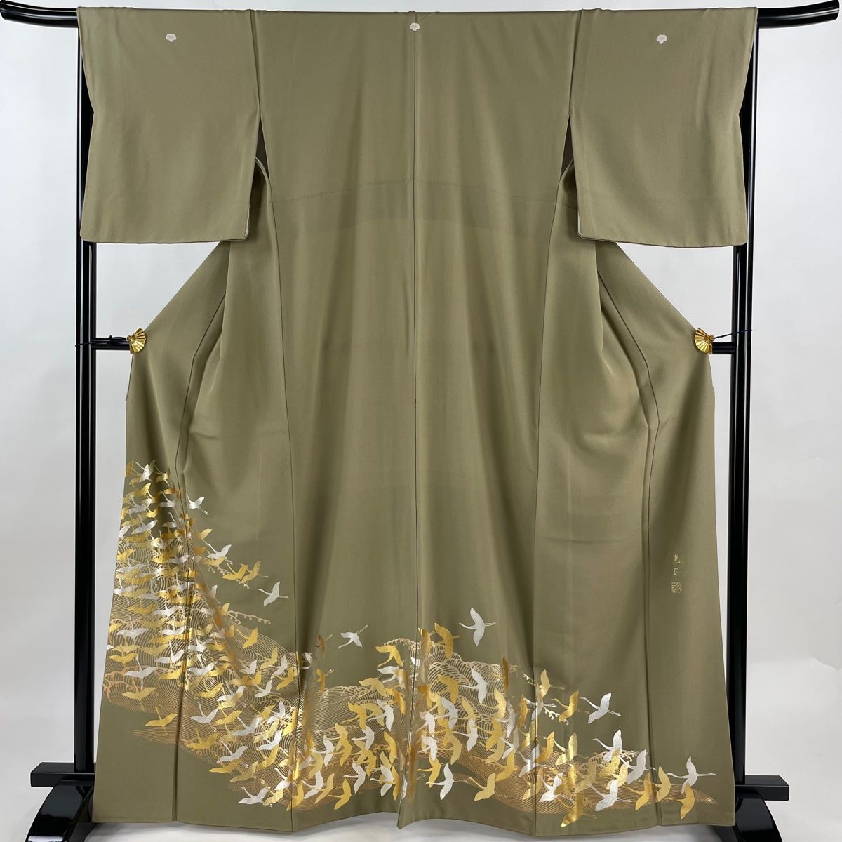 色留袖 身丈165cm 裄丈67.5cm L 袷 和田光正 落款 鶴 波 金銀彩 茶緑色 正絹 名品 三つ紋
