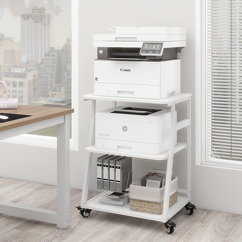 PUNCIA 3段 プリンター台 幅60cm 奥行50cm 高75cm ワゴン キャスター付き プリンターラック 収納棚 大型 コピー機 置き 台 省スペース 調節 中棚 木製ラック 取り付け簡単 100kg高耐荷重 オフィス|ホーム 1