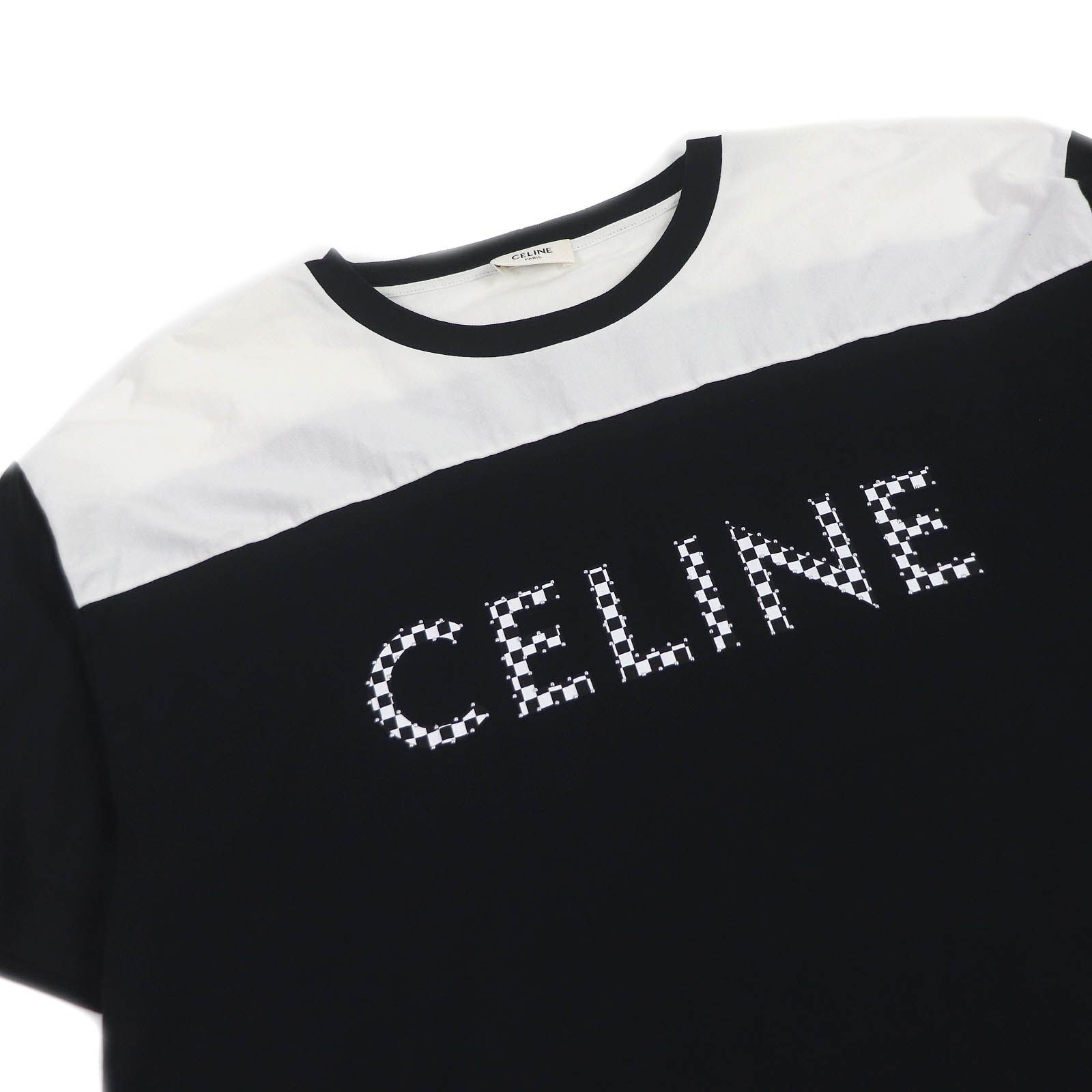 美品□CELINE セリーヌ 21SS 2X8395000 コットン100％ ロゴプリント マイクロスタッズ 半袖 ルーズＴシャツ ブラック ホワイト  L イタリア製 正規品 メンズ - メルカリ