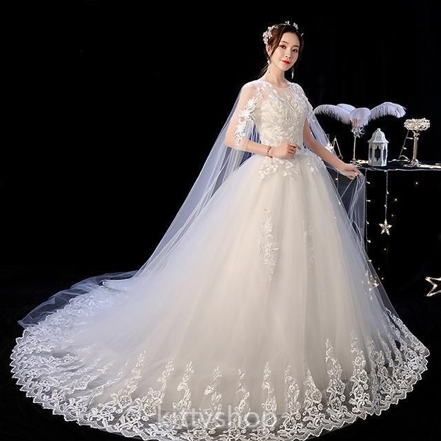 ウェディングドレス トレーン 袖あり ホワイトドレス 結婚式 二次会ドレス ロング Aライン 花嫁ドレス 白 ブライダルドレス 発表会ドレス 白