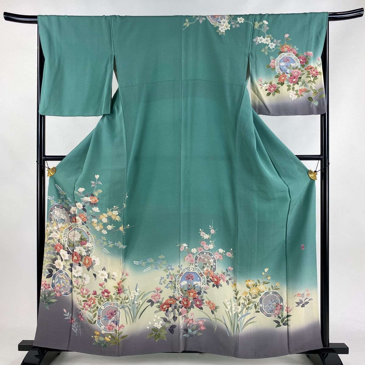 訪問着 身丈159.5cm 裄丈67cm M 袷 落款 草花 染め分け ぼかし 訪問着 身丈159.5cm 裄丈67cm M 袷 落款 草花 染め分け ぼかし