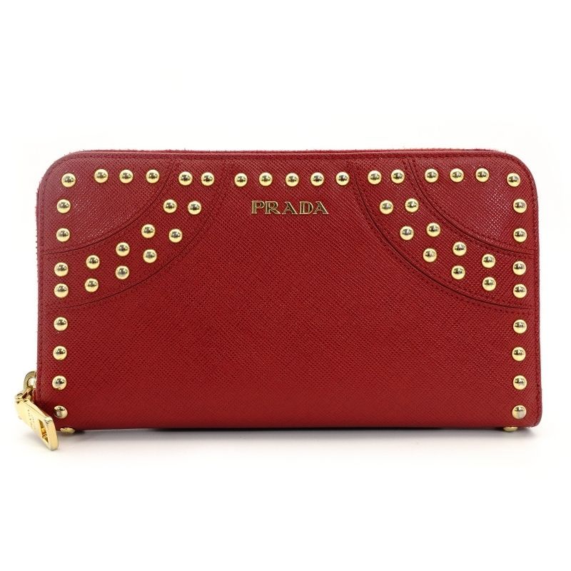 プラダ PRADA 長財布 サフィアーノ レッド レザー 赤 スタッズ 財布 7-7-518