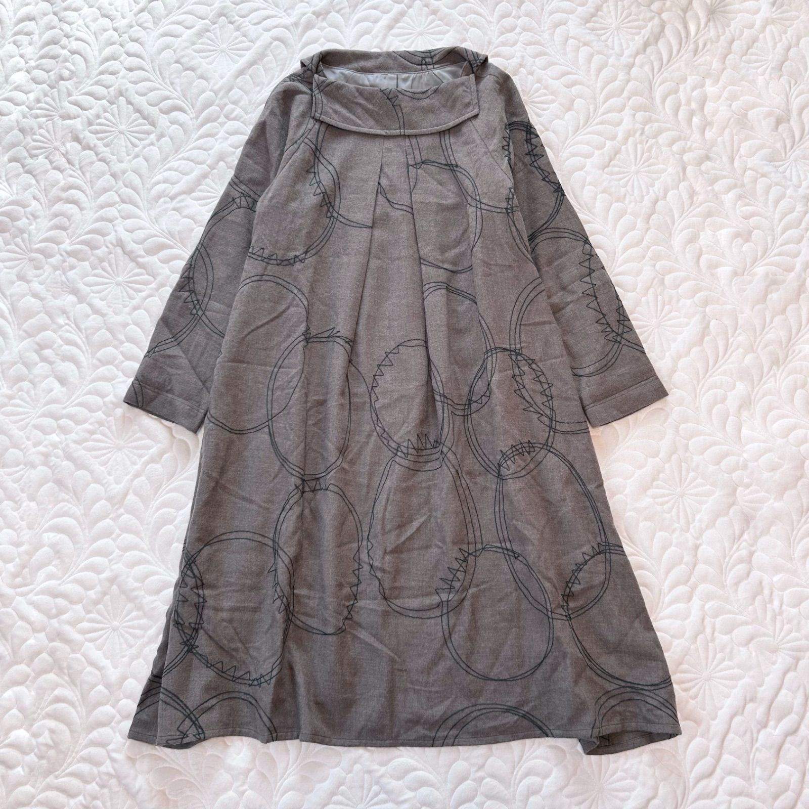 io comme io イオコムイオ マツオインターナショナル 刺繍 襟付き フ ロング ワンピース モスグリーン 38 ウール