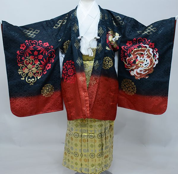 七五三 五歳 男児 羽織袴フルセット 着物 金刺繍 綸子地 黒地 龍 豪華 