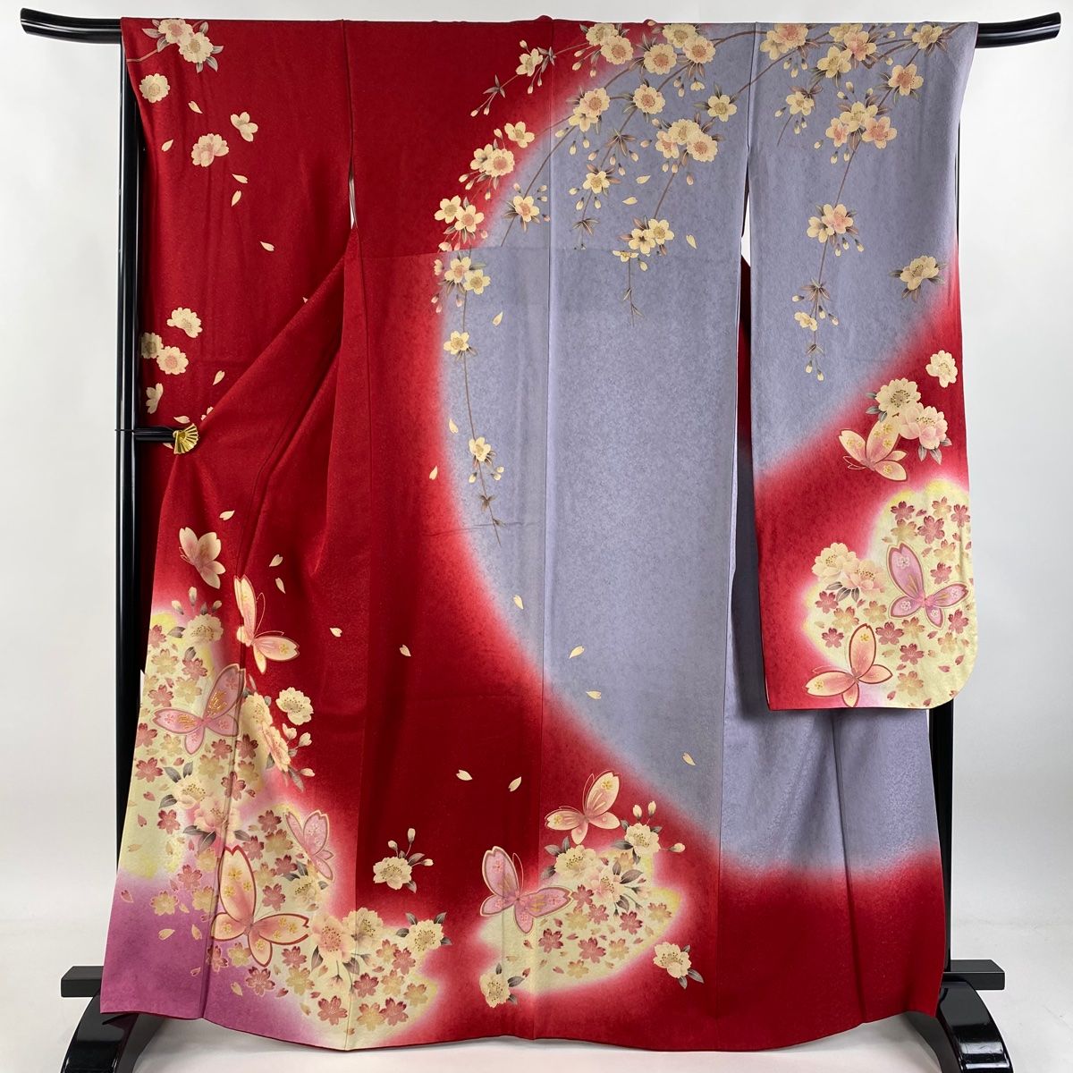 SO-228☆正絹 絞り 中振袖セット6点 桜柄❣️ 身丈166㎝ 裄66.8㎝ 振袖 身丈166cm 裄丈68cm L 袷 蝶 桜 銀通し 金彩 赤 正絹 名品