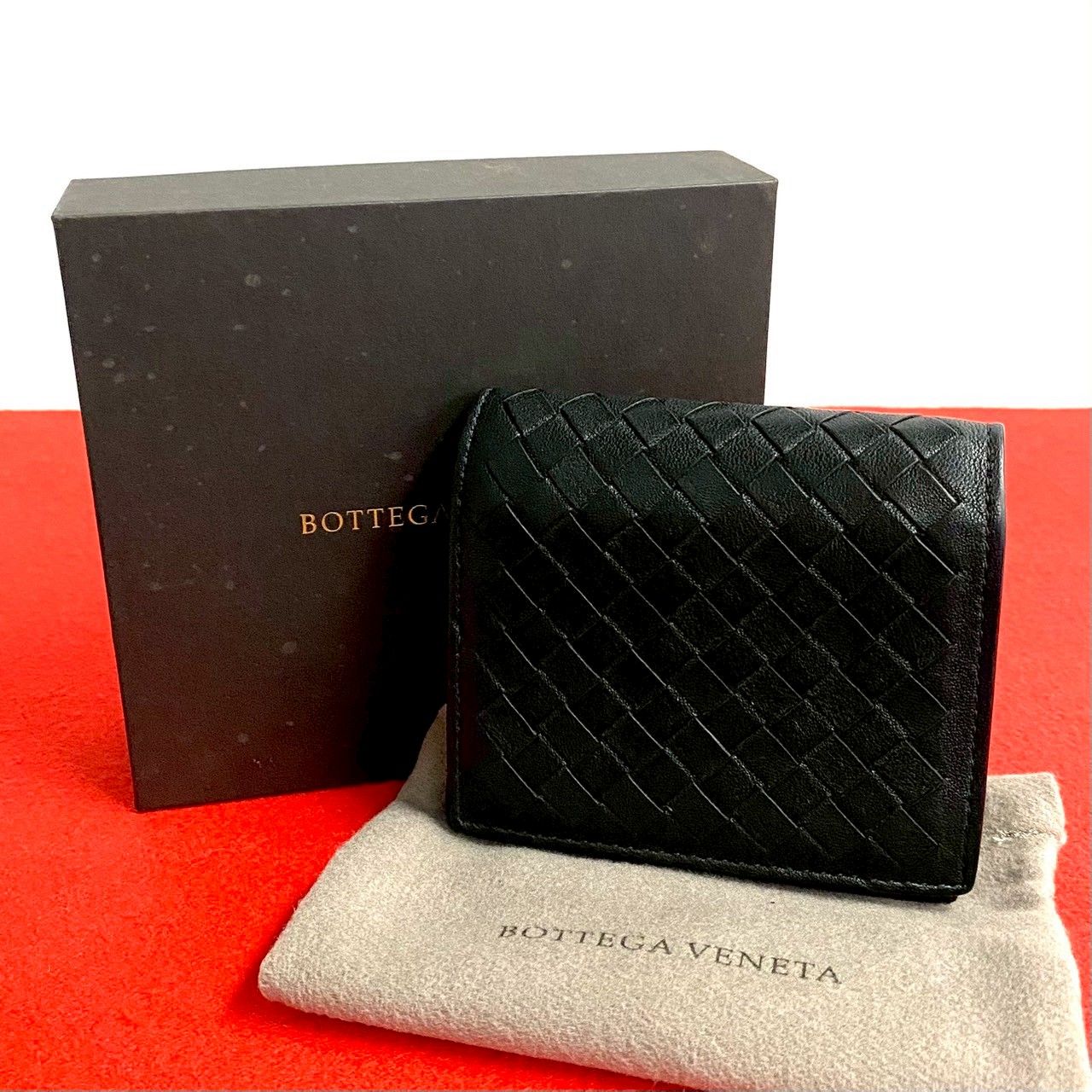 箱 袋付 BOTTEGA VENETA ボッテガヴェネタ イントレチャート レザー 三つ折り 財布 札入れ 小銭入れ ウォレット ブラック 39558