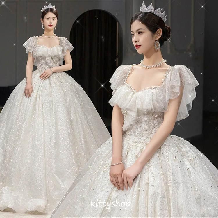 ウェディングドレス 袖あり フ 袖 オシャレ ホワイトドレス 結婚式ドレス 海外挙式 花嫁ドレス 白 パール エレガント キレイめ ロングド