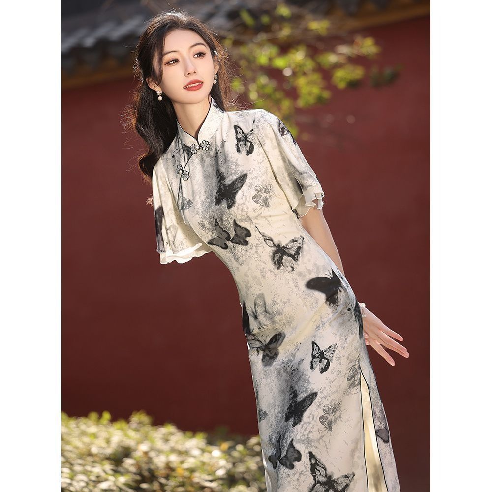 チャイナドレス ロングドレス ロングスカート 蝶 バタフライ スリット ハイネック 半袖 お祭り 夏 パーティー レディース 上品 0780