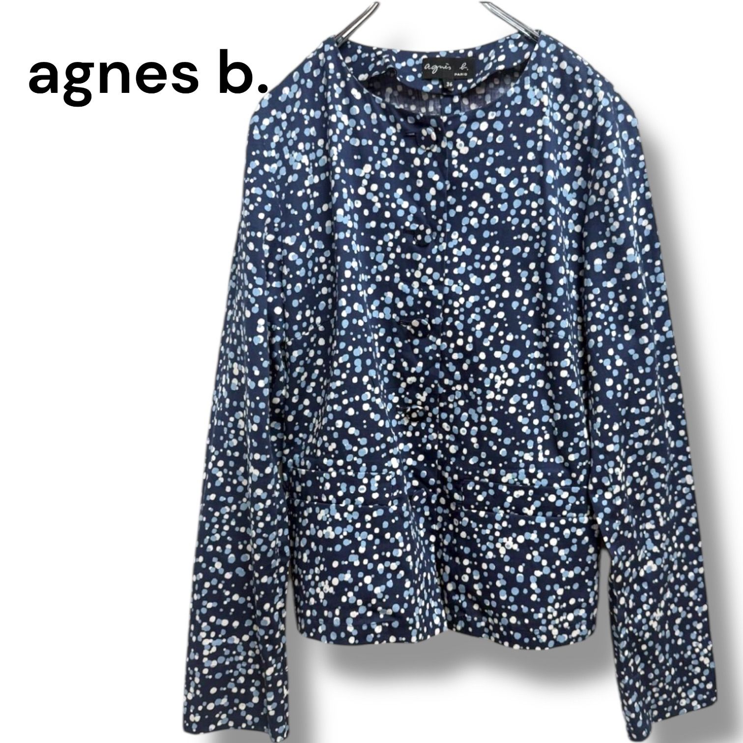 agnes b. アニエスベー ノーカラージャケット ドット柄 ICB4 VESTE ドットプリントノーカラージャケット定価¥44 000 薄手 シャツジャケット