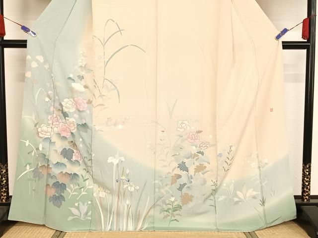 訪問着 作家物 友禅 美しい花柄模様 暈し 麹色 K-4794 訪問着 作家物 友禅 美しい花柄模様 暈し 麹色 K-4794