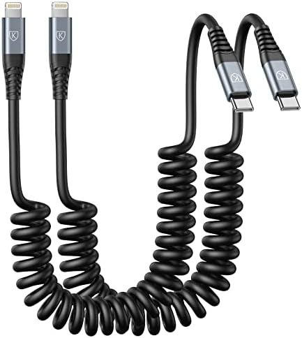 KIYODA USB Type C - Lightningケーブル 3フィート 2本パック コイル状iPhone充電器 高速充電 車用ショートUSBC iPhoneコード iPhone14|13|12|11 Pro Max|iPad|Ca