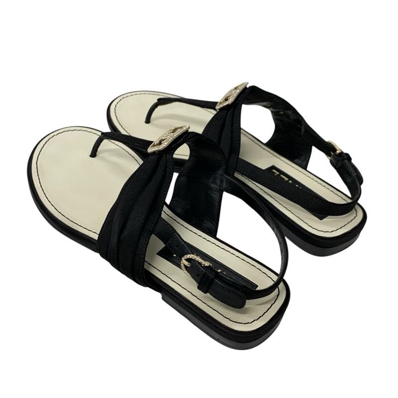 シャネル CHANEL サンダル 靴 シューズ サテン ブラック 黒 ゴールド