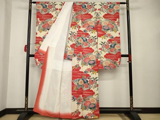 振袖 二尺袖 華やか紅型 ちりめん 着物 正絹 袷 広衿 RK-4850 平和屋着物○豪華振袖・長襦袢(袷)セット 本場琉球紅型 扇面花文
