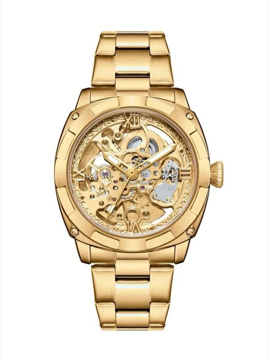 腕時計 メンズ 機械式 1個 ビンテージ中空自動巻き機械式腕時計 ゴールドカラーのステンレススチールバンド 防水メンズウォッチ 理想的なギフト