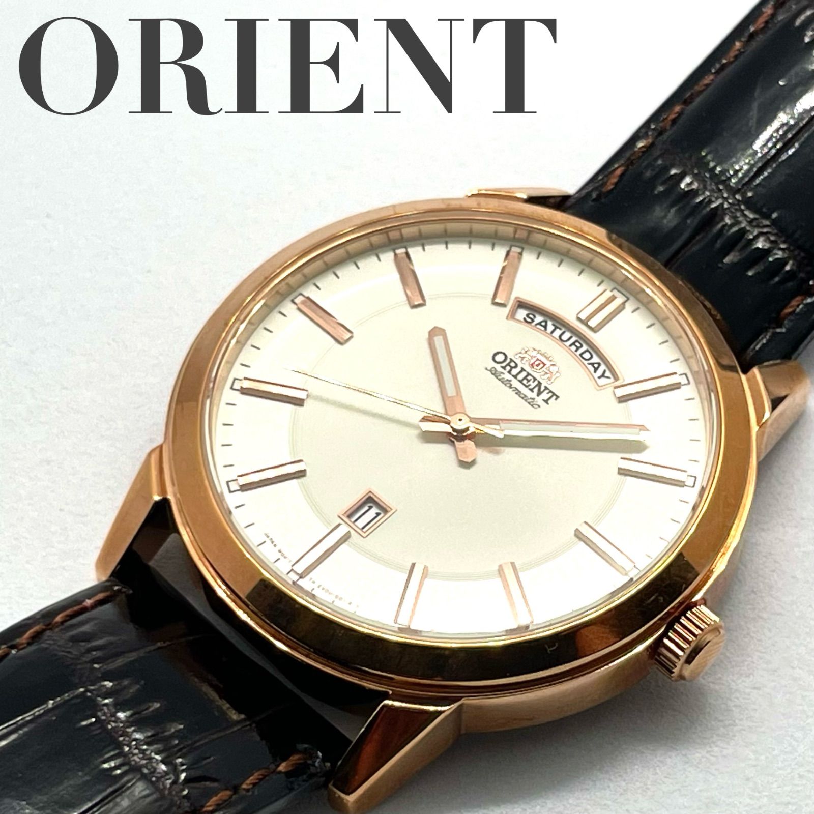 未使用品 ORIENT オリエント 自動巻 オートマティック アナログ デイト メンズ 腕時計 ピンクゴールド 白文字盤 EV0U-D0-A  5気圧防水 レザーベルト ブラウン - メルカリ