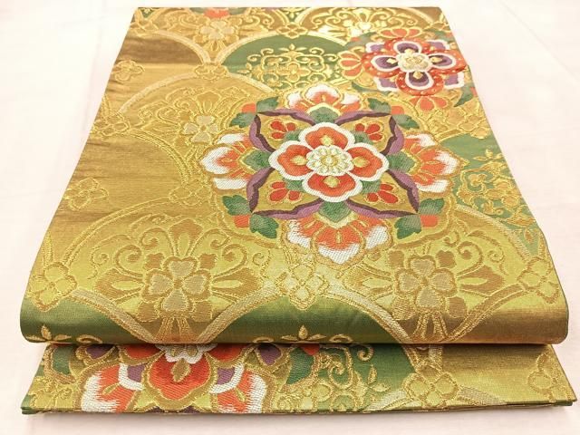 平和屋着物○全通柄袋帯 唐織 松葉青海波文 金糸 正絹 逸品