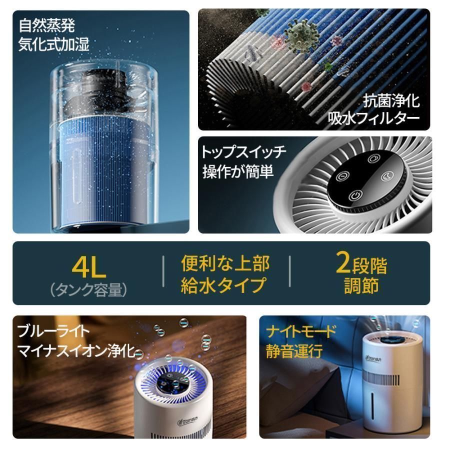 加湿器 4L大容量 気化式清浄機 ヒーターレス式 最大25畳対応 上部給水 4重除菌 自動湿度調整 お手入れ 乾燥対策 ウイルス対策 夜間モード超 WWW_KANDAIZUMI_COM