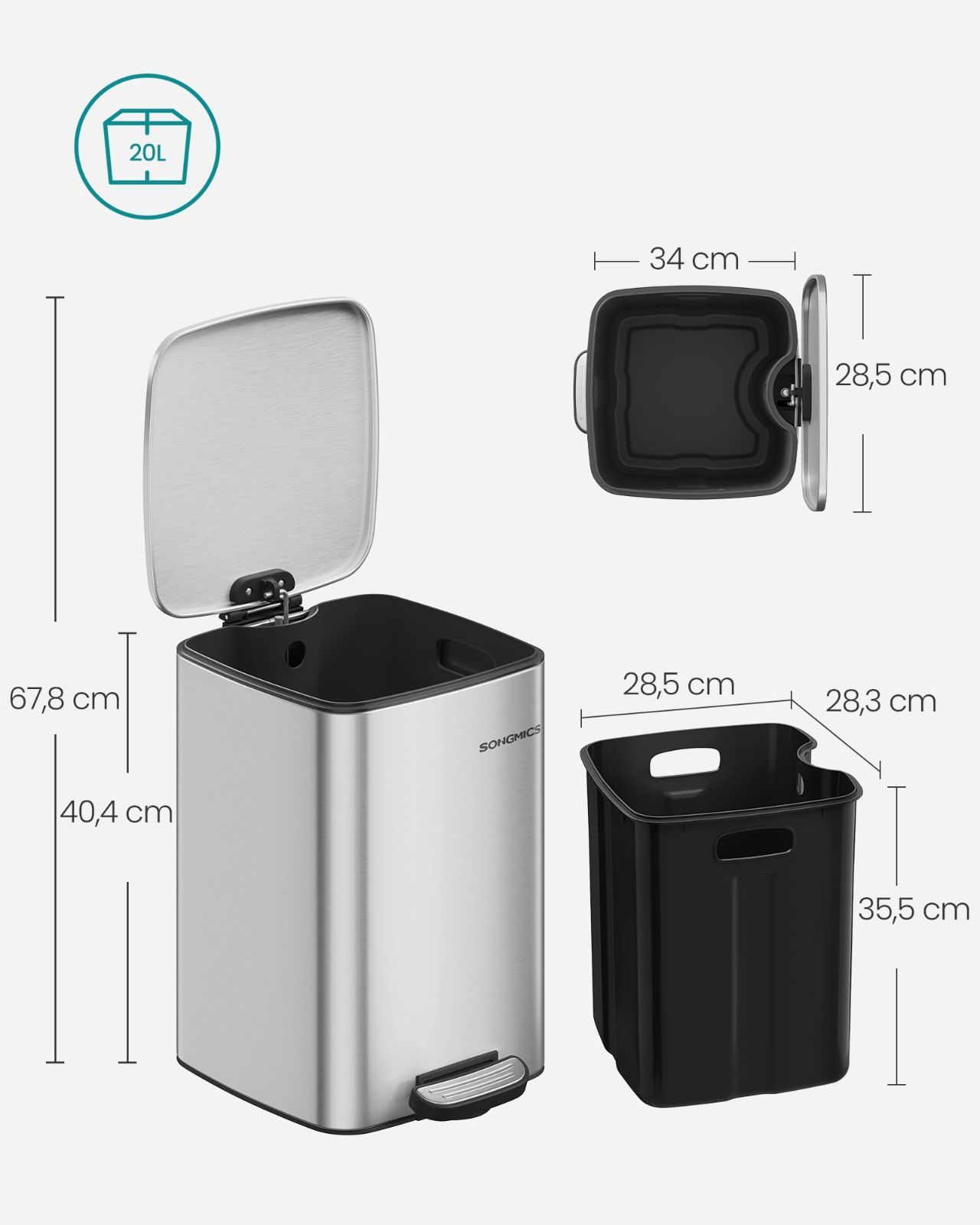 Color:ホワイト_Size:20L べた付き SONGMICS ゴミ箱 スリム 20L