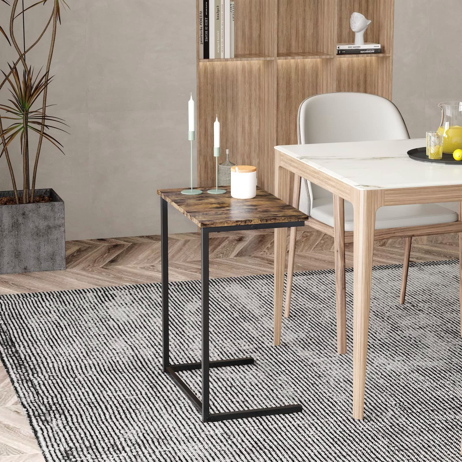 多機能コ字型サイドテーブル - 木目調＆アイアンデザイン 多機能コ字