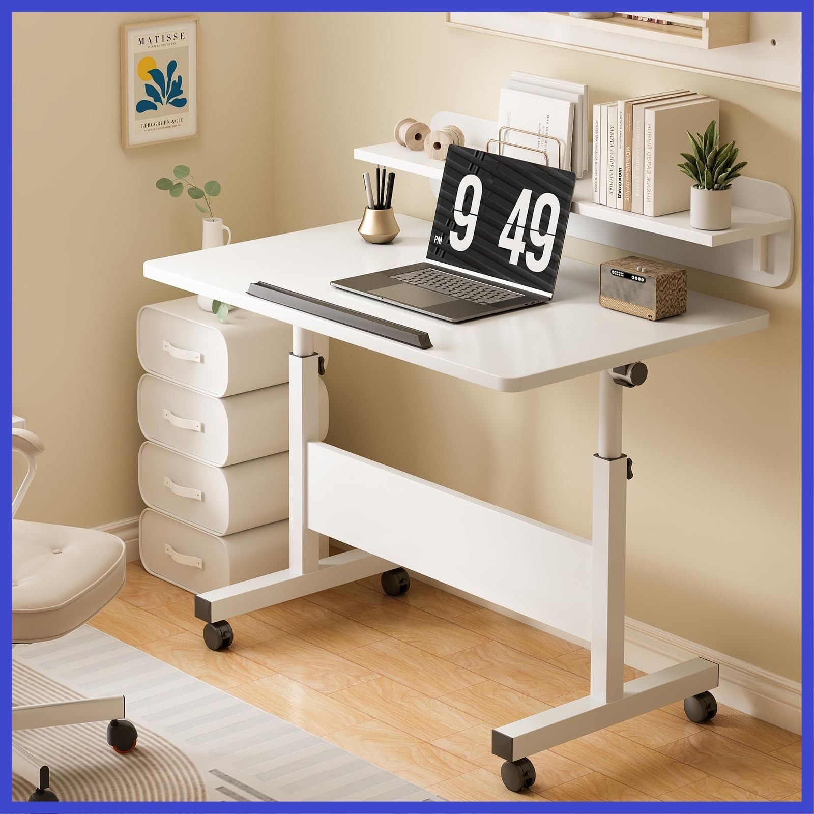 Rshtong 昇降デスク 折りたたみテーブル パソコンデスク 北欧 机 高さ調整 テーブル 幅80cm×奥行40cm PCデスク サイドテーブル キャスター付き 省スペース おしゃれ シンプル 化粧台 作業机 仕事用 組立簡単 白い 80 40cm