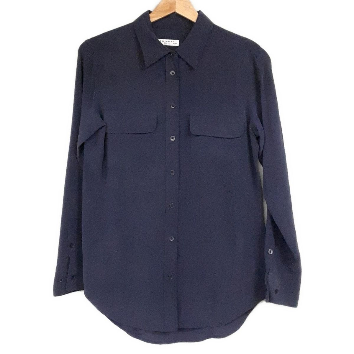 70s 80s equipment フランス製　シルクシャツ　開襟　ネイビー 美品 レア 90s 絹 シルク 100% メンズ 長袖シャツ オープン