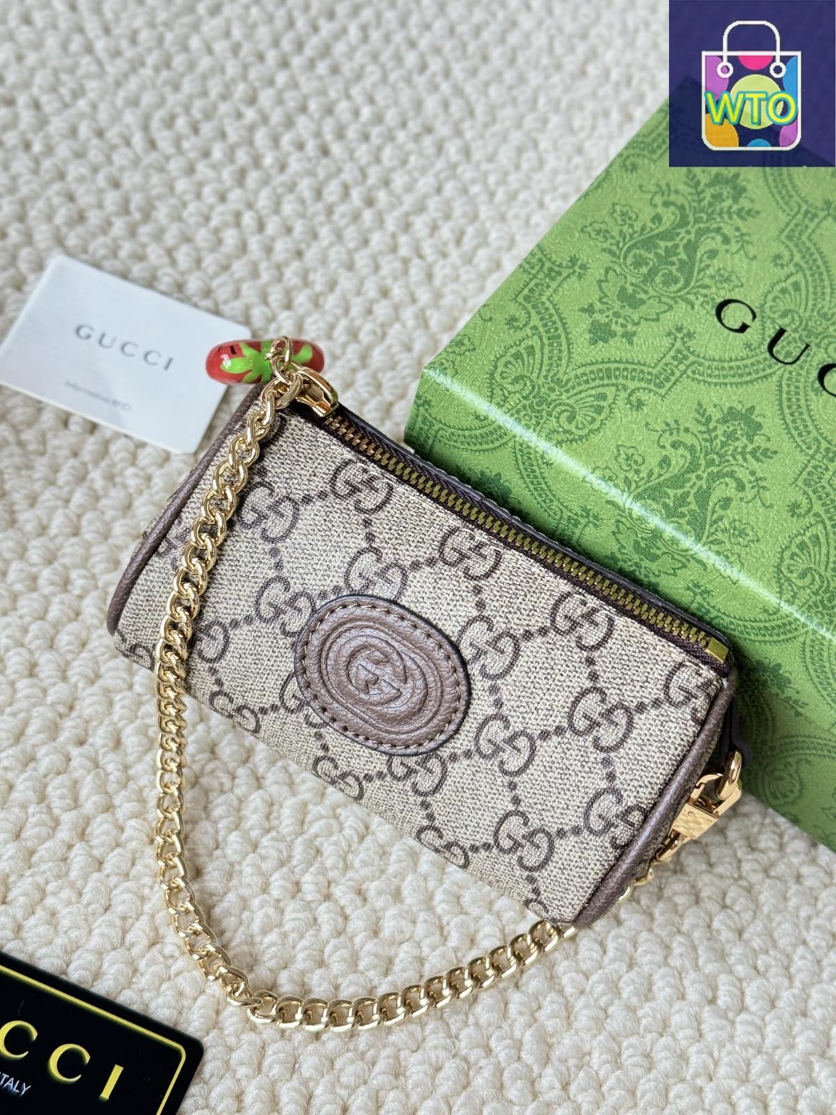 今日 GUCCI レディース ベージュ|エボニー キャンバス ストロベリージップコインケース | ♥品 -WT0輸入