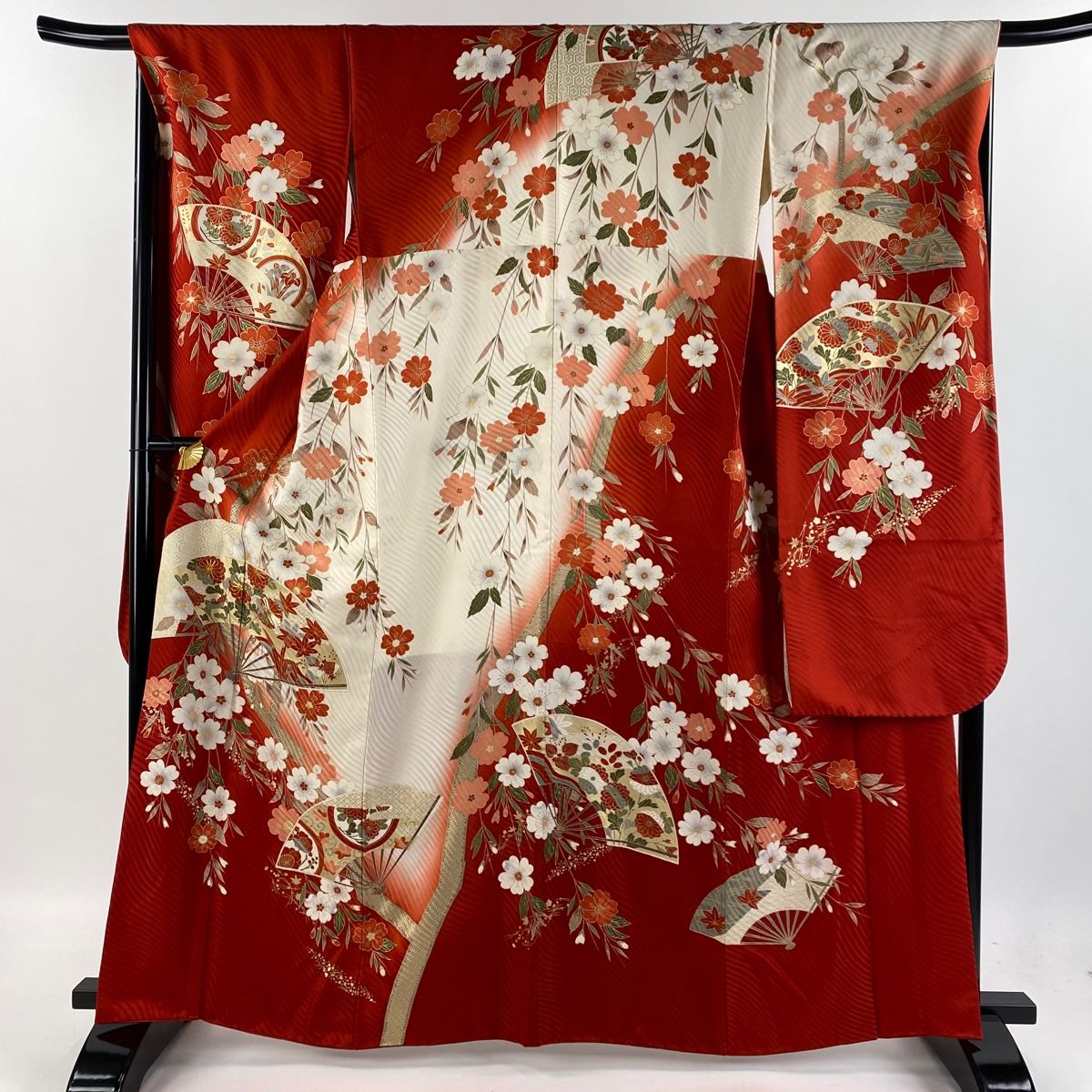 振袖 身丈163cm 裄丈68cm L 袷 扇 枝垂れ桜 金糸 金彩 赤 正絹
