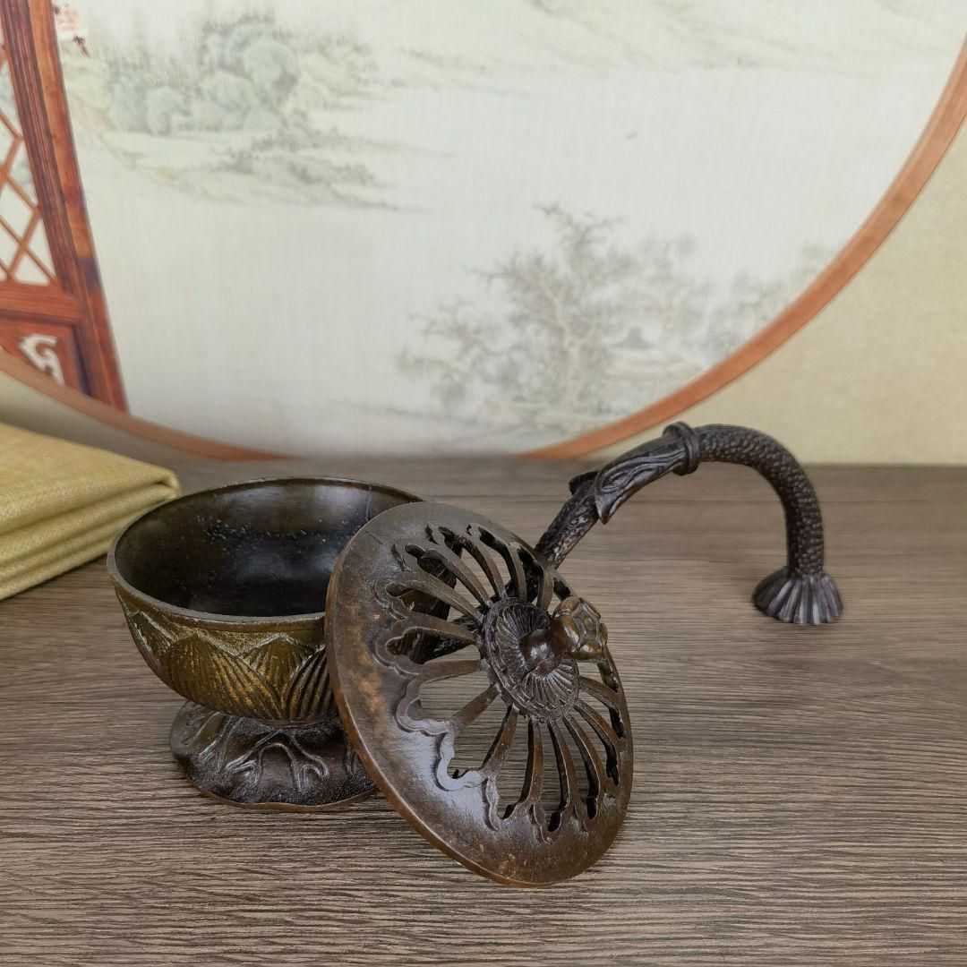 銅 細工 香炉 手持ち蓮華炉 盤香炉 装飾品 工芸品 置物 美術品・アンティーク・コレクション 銅 細工 香炉 手持ち蓮華炉 盤