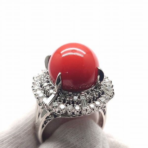 ※併売商品※◆新品仕上げ◆天然珊瑚 リング C 約13.8mm D1.57ct PT900 約17号 GRJソーティング レディースジュエリー　M888