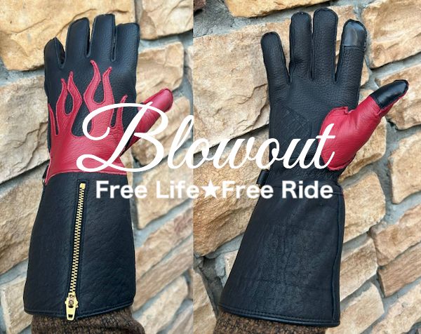 冬用 Blowout フレイムス レザーグローブ フリース ガントレット 本革 皮 鹿皮 ディアスキン 手袋 ハーレー バイカー チョッパー ファイヤー ウインター 秋冬