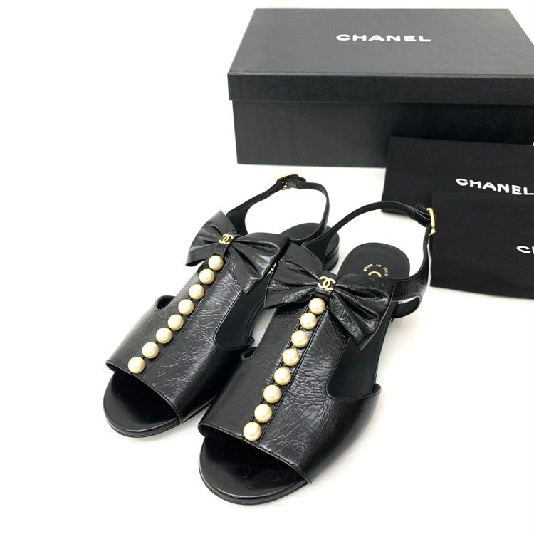CHANEL ブラック パール装飾 フラットサンダル！ CHANEL】シャネル フラット ミュール サンダル (CHANEL/サンダル