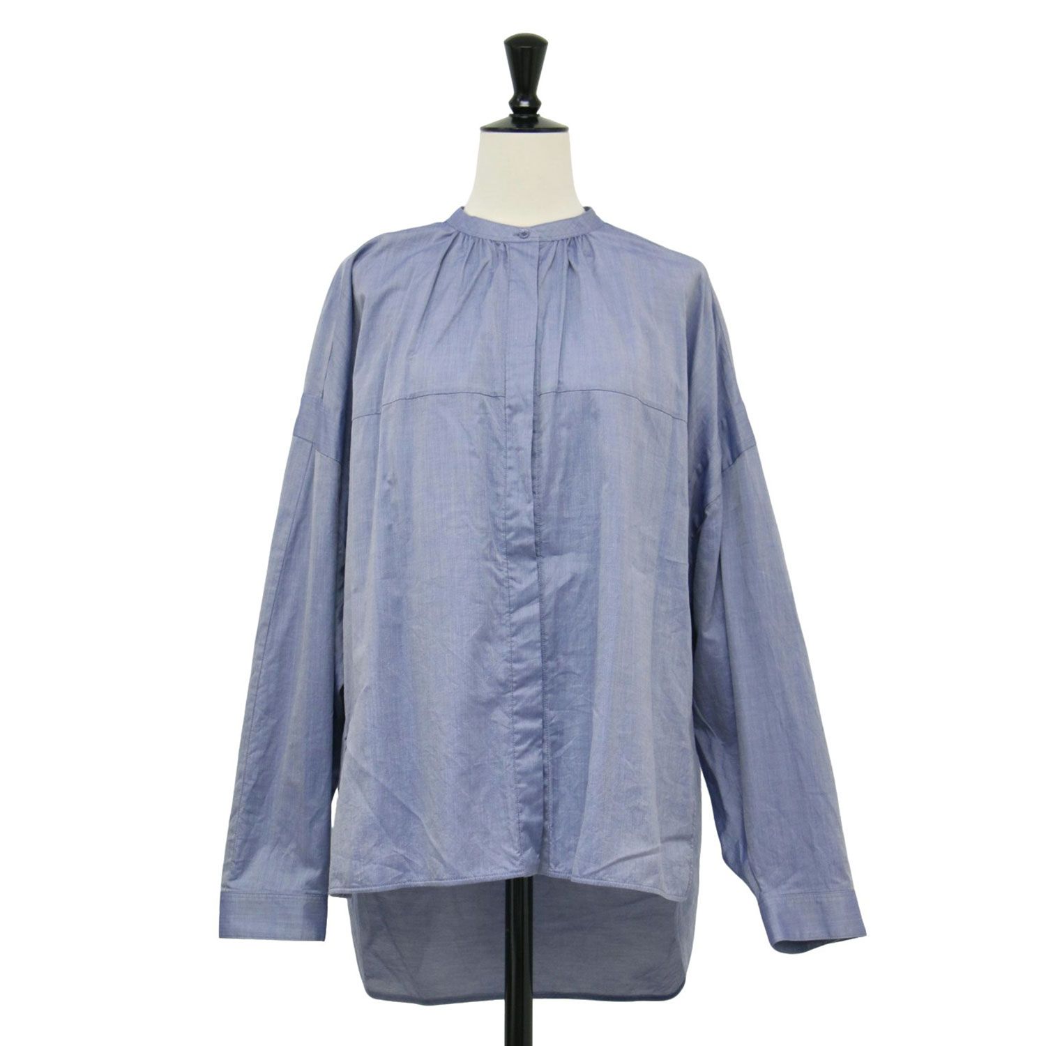 DRAWER ドゥロワー シャツ ブルー サイズ 38 M コットン ギャザー ブルー シャツ ブラウス バンド 長袖 ボリュームスリーブ コットン トップス レディース