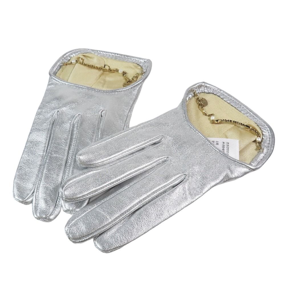 Christian Dior クリスチャンディオール ラムレザー グローブ 革手袋 ロゴ-パールチェーン チャーム 7 メタリックシルバー レディース 古着