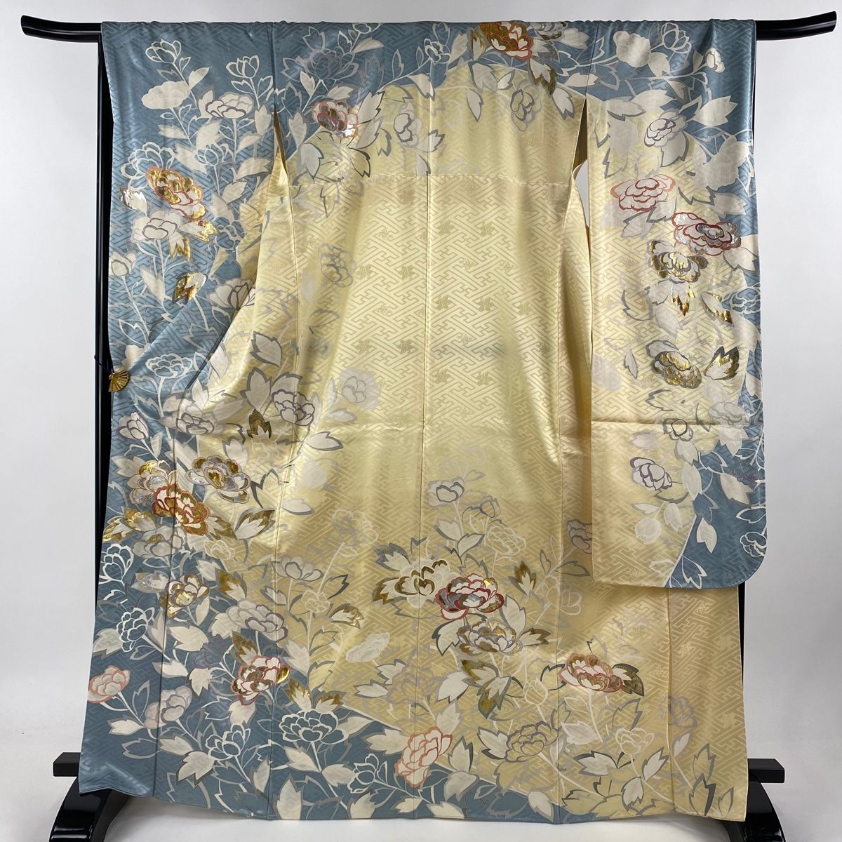 振袖 身丈168cm 裄丈68cm L 袷 牡丹 金糸 金銀彩 薄黄 正絹 秀品
