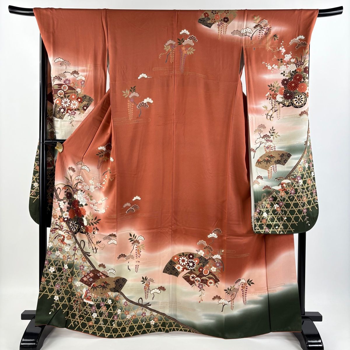 振袖 身丈165.5cm 裄丈70.5cm L 袷 鈴乃屋 花車 尾長鳥 金彩