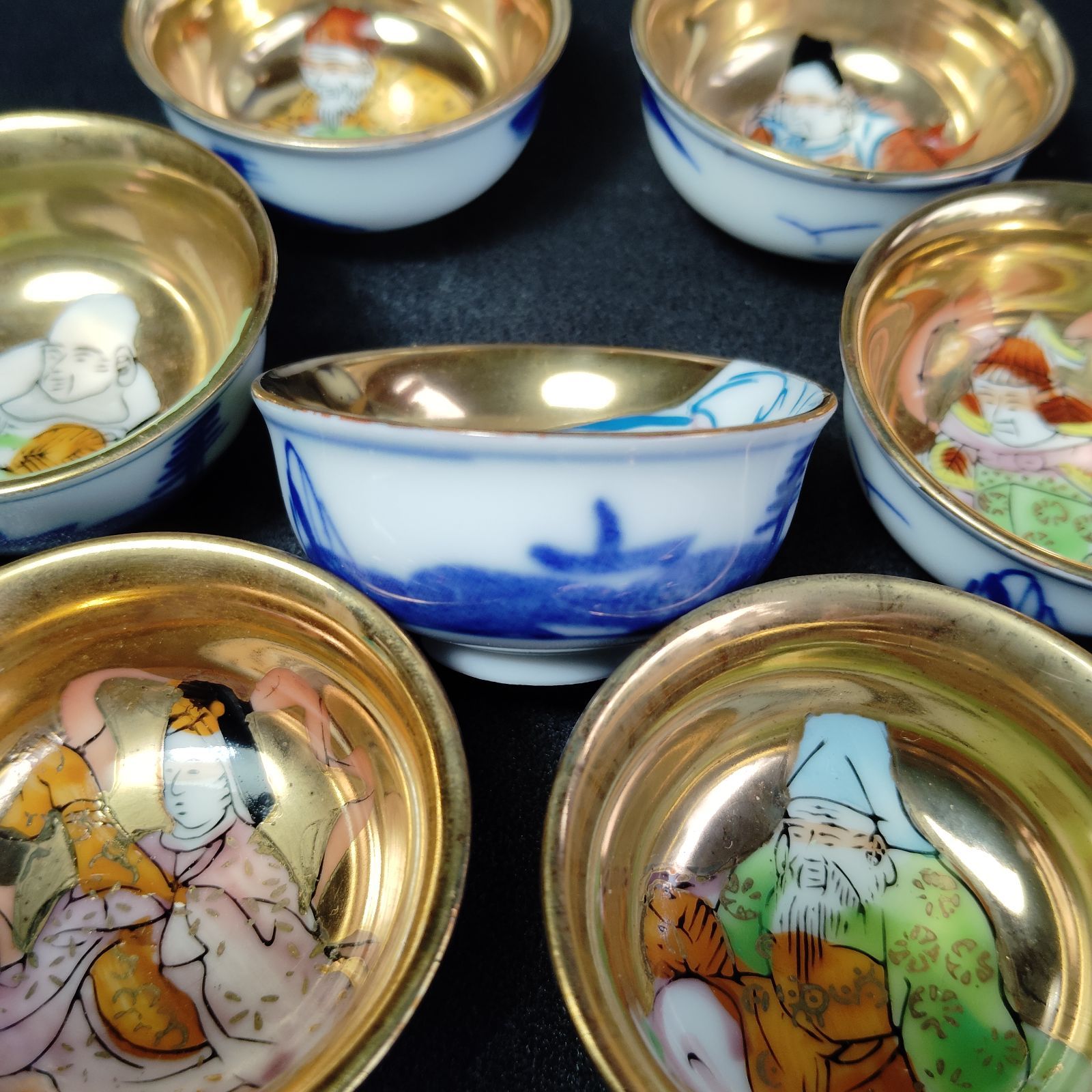 R17/旧家蔵出 時代 骨董 九谷焼 染付 酒器 七福神 徳利 盃 七客 盃洗