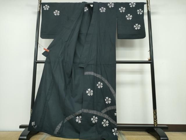 平和屋着物∴夏物 訪問着 浴衣兼用 絞り 舞桜 黒地 CAAY4664ng