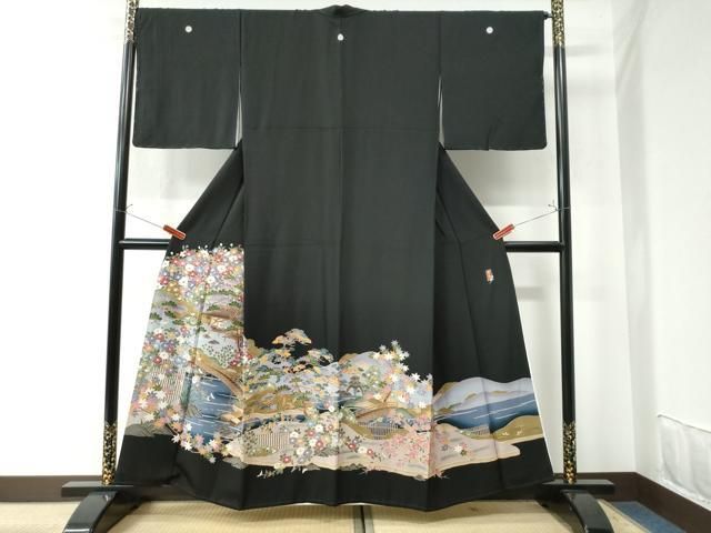 平和屋着物□豪華黒留袖 作家物 刺繍 御所車花文 藤花房 金彩