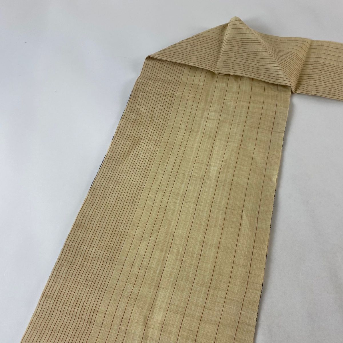 名古屋帯 美品 逸品 証紙 八重山上布 縞 流水 ベージュ 麻 【中古 