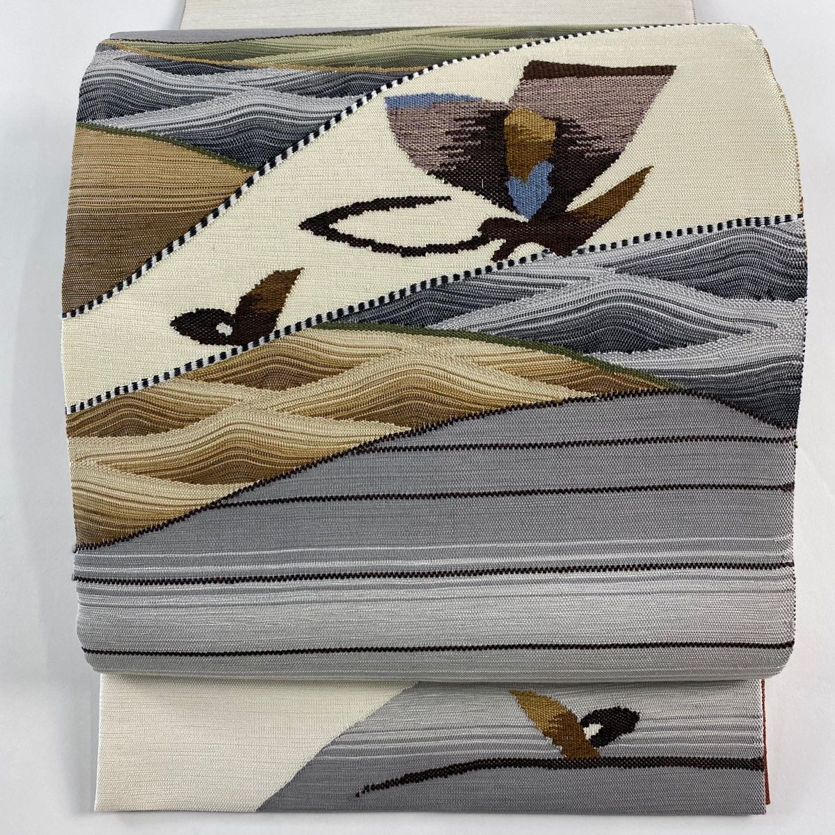 袋帯 秀品 紬地 幾何学模様 クリーム お太鼓柄 正絹