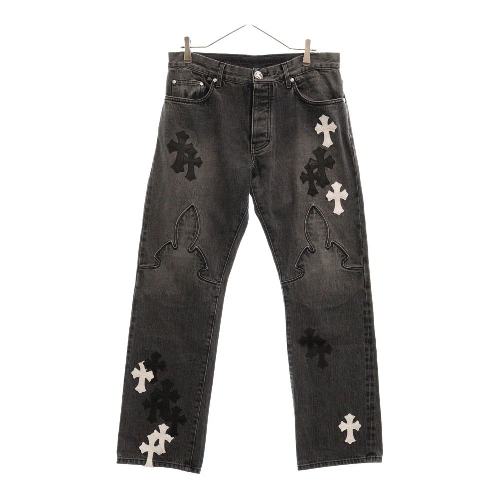 CHROME HEARTS (クロムハーツ) JEAN SL FLEURKNEE クロスパッチ付きフレアニーステッチデニムパンツ ブラック