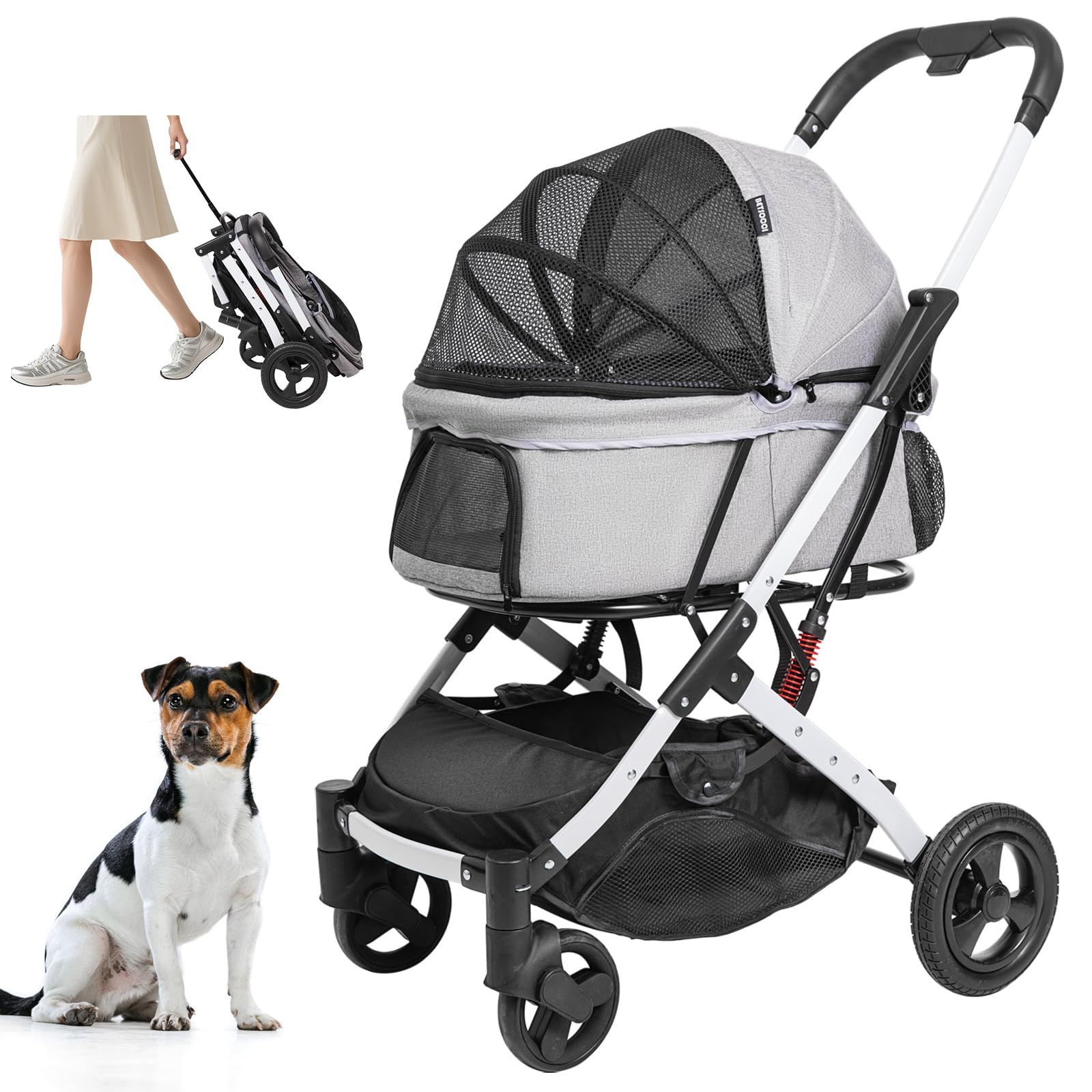 工具不要 組み立て簡単 ドッグカート 一体型 介護用 通院 散歩 お出かけ 中型犬 耐荷重20KG グレー 小型犬 後輪ブレーキ付き 前輪360°回転 サスペンション 衝撃吸収 4輪 コンパクト収納 犬用ベビーカー 軽量 ペットバギー 猫犬兼用 折りたたみ