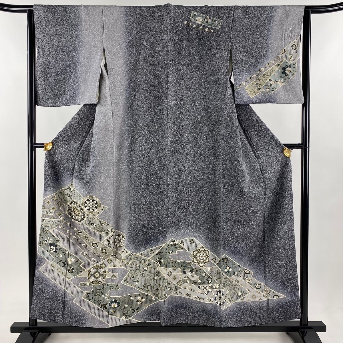 訪問着 身丈154cm 裄丈65cm M 袷 華文 花唐草 金糸 刺繍 黒灰 正絹
